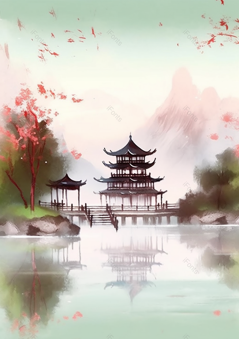 绿色清新唯美古典建筑房屋楼阁插画,插画/手绘图,插画/手绘图库,插画/手绘图下载,插画/手绘
